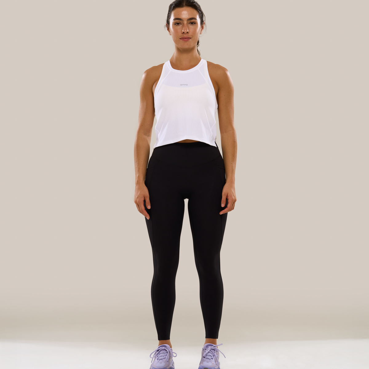 Anya Active Bib high-neck ribbed crop tank in Yoghurt, a layerable workout crop.