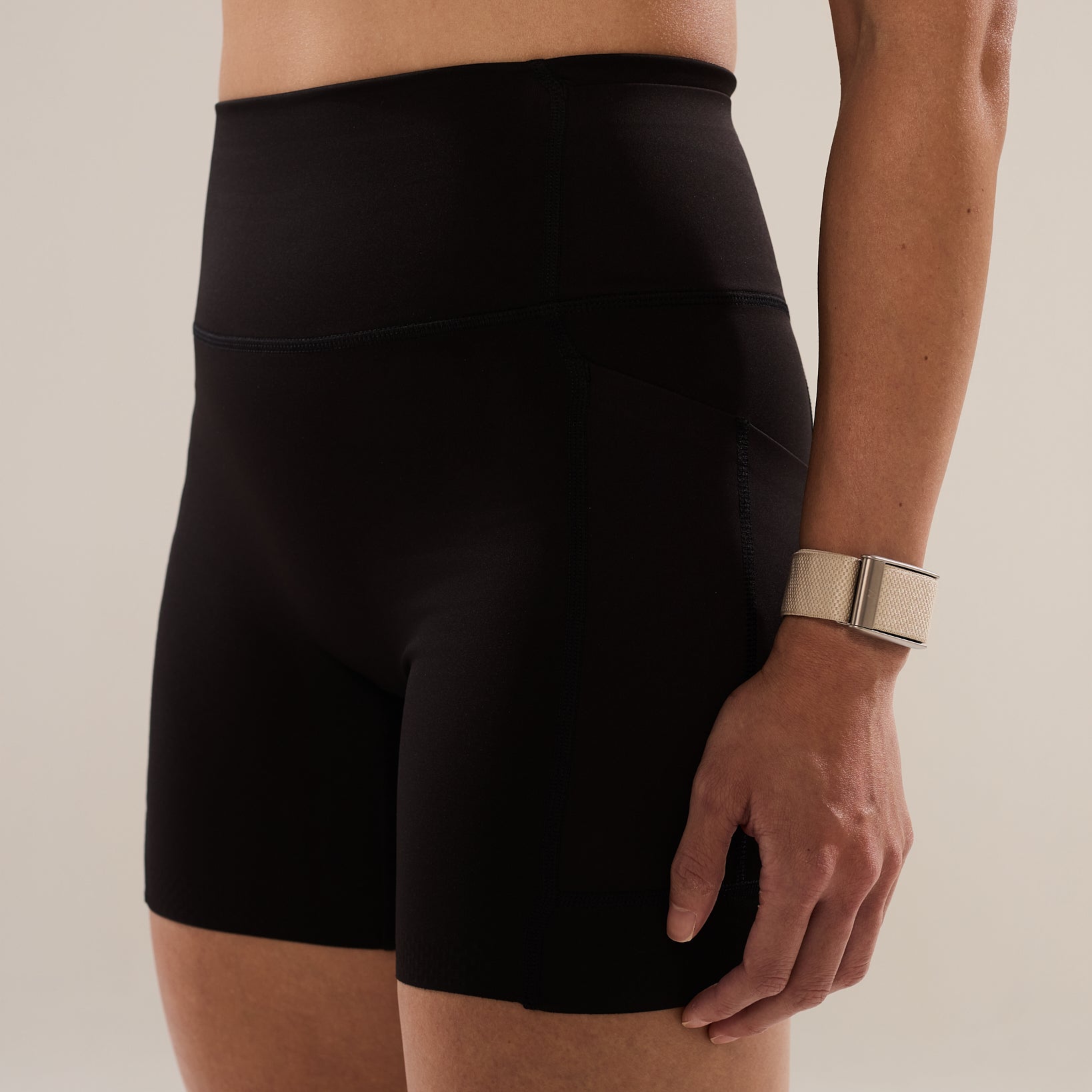 Anya Active 42 Compression Shorts in Black Sesame, women's black compression shorts, close-up side view