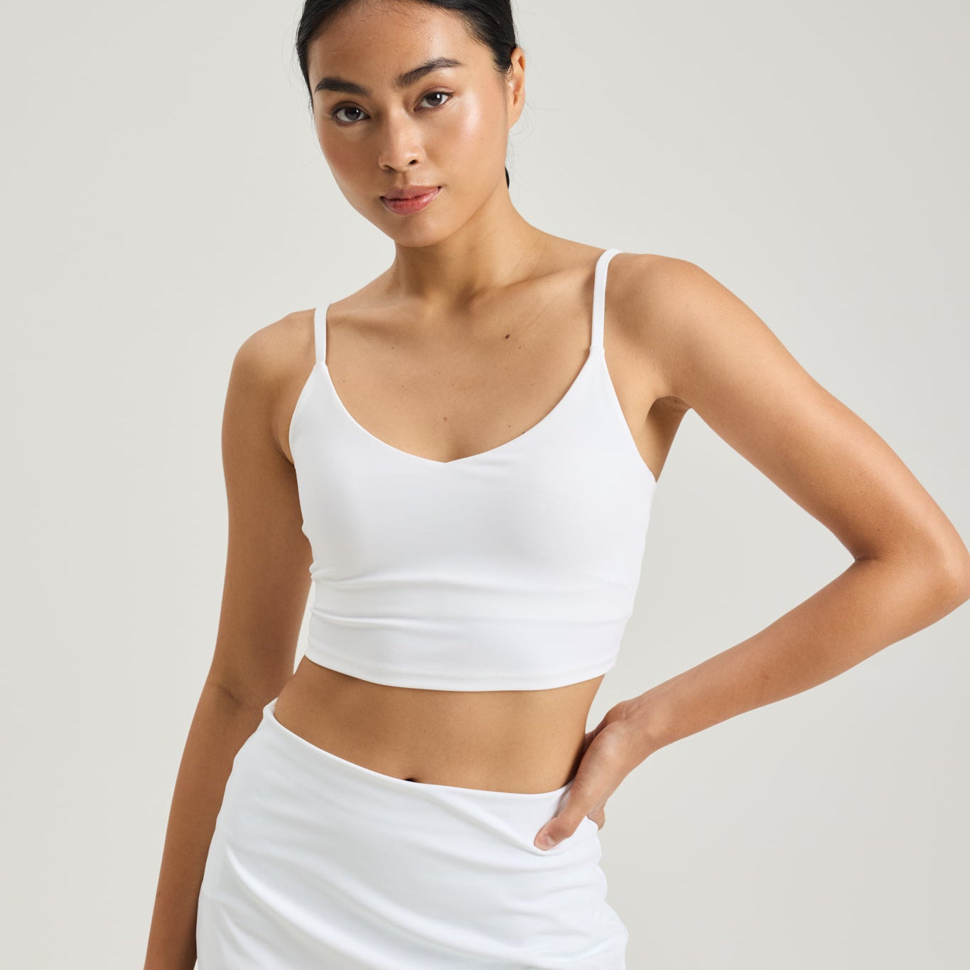 Anya Active V Cami Bra in Yoghurt, women's white longline cami sports bra, front view