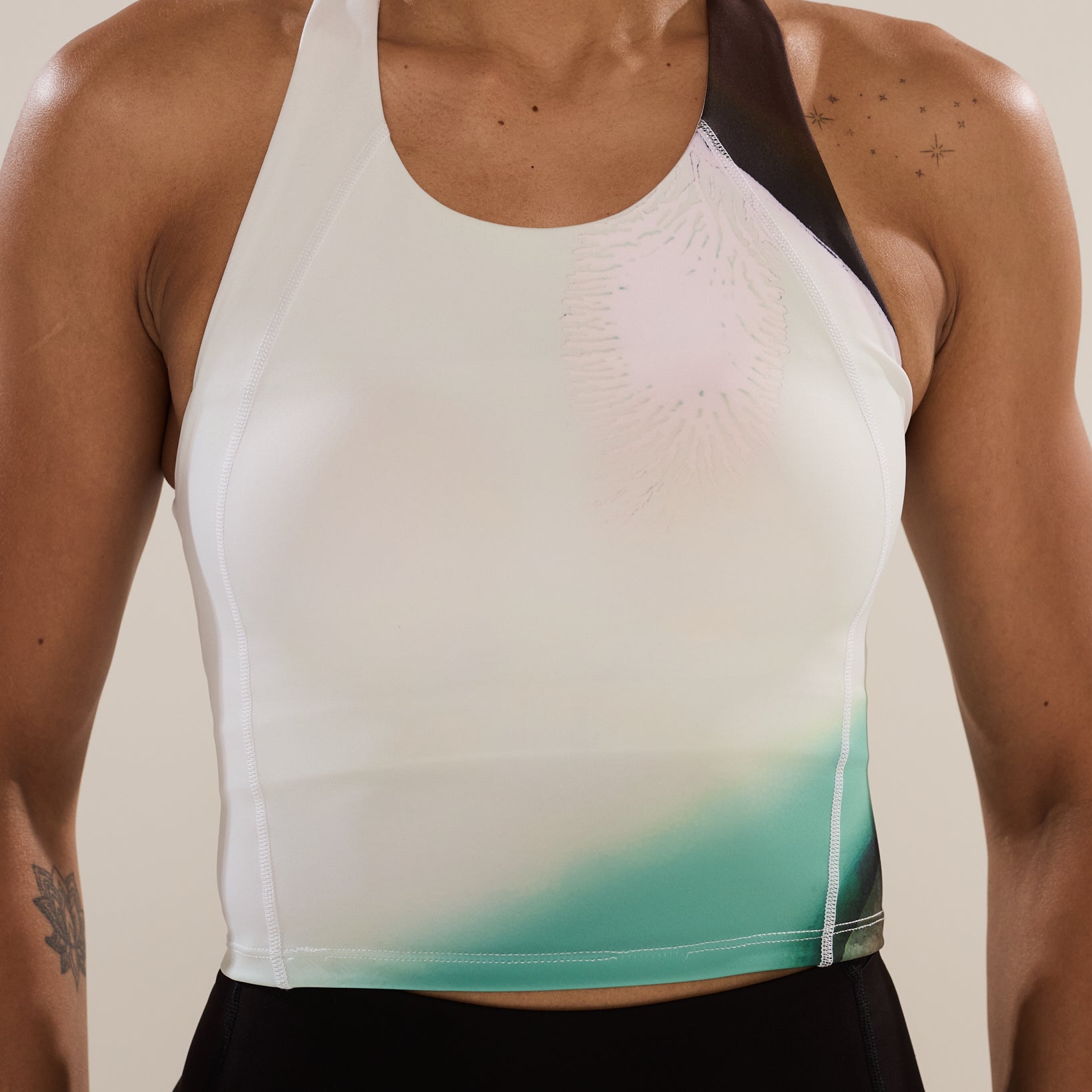 Anya Active Unlock 3-in-1 Run Bra in JRF26, women's white longline running bra with green gradient print, front view