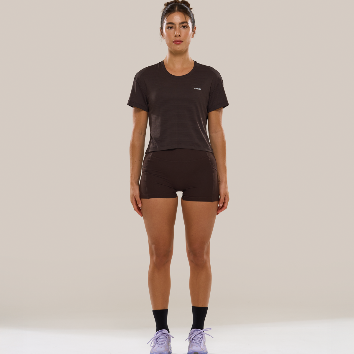 Anya Active Boxy cropped tee in Ganache, a relaxed light-knit crop top.
