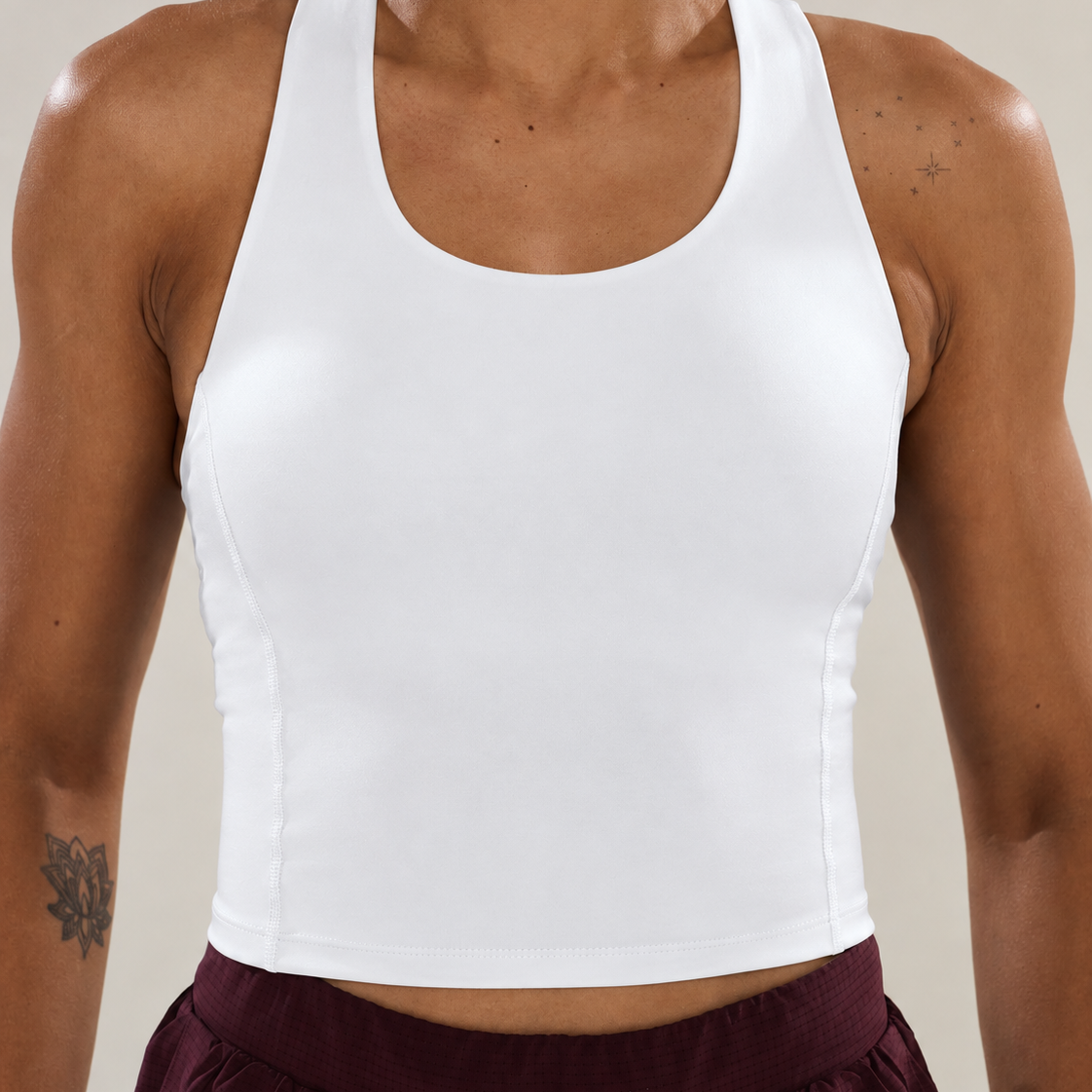 Anya Active Run Strong Longline Bra in Yoghurt, women's white longline racerback sports bra, front view